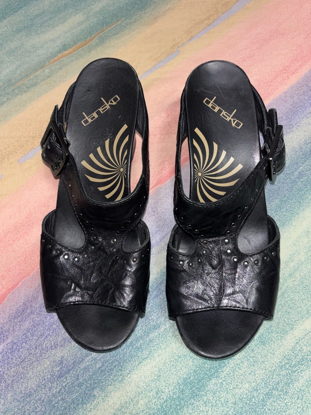 Dansko Ripley Women's Studded Black Leather Heeled Sandals size 38 Slide Clogs
